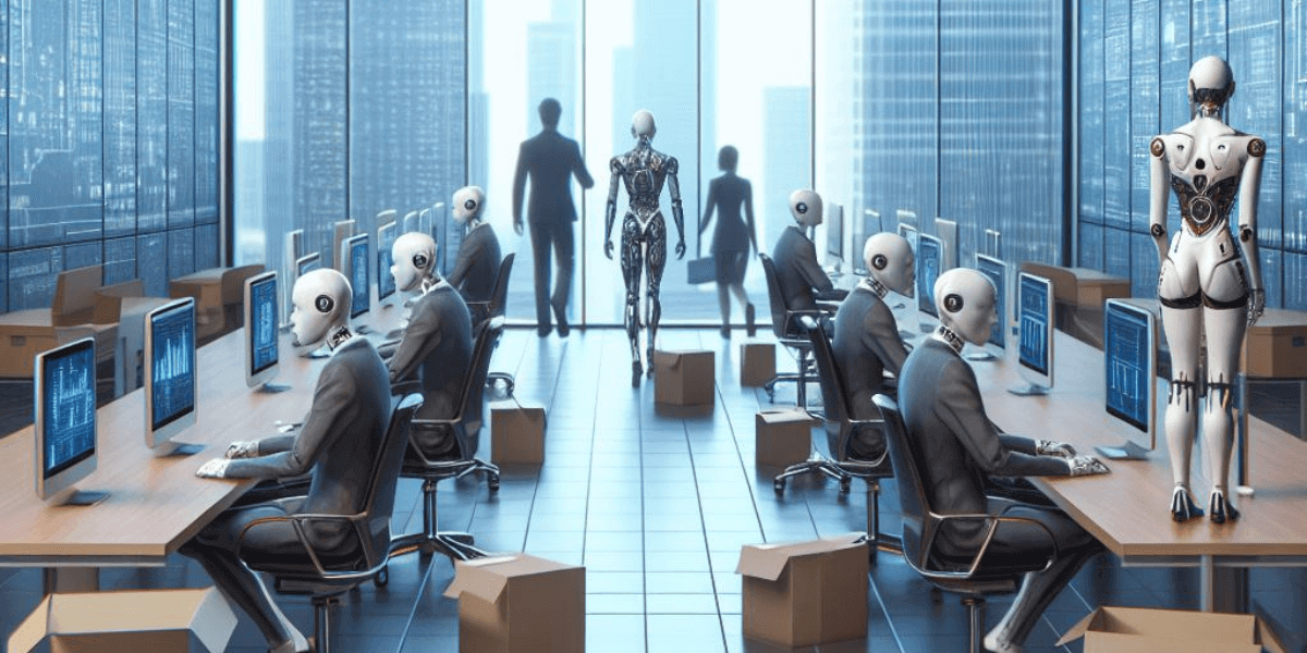 The image show humanoid robots sitting at desks and working.